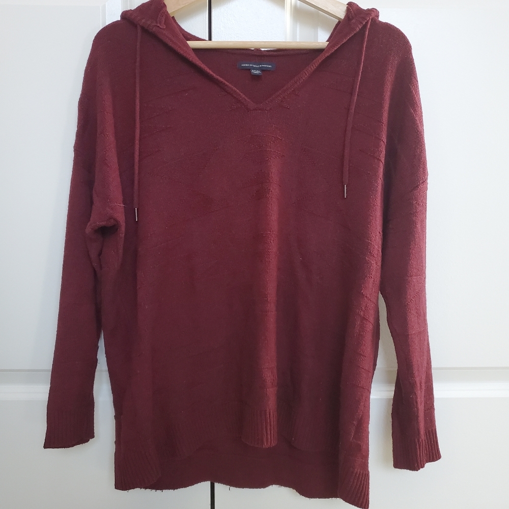 American Eagle Maroon Aztec Hooded Sweater